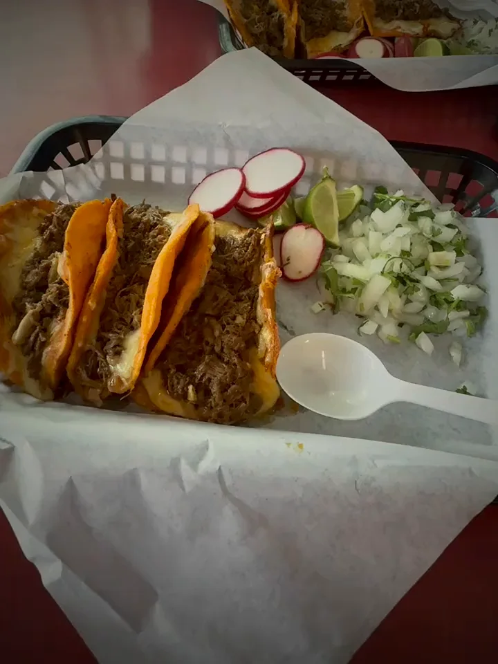 Birria tacos with radish, onion and lime